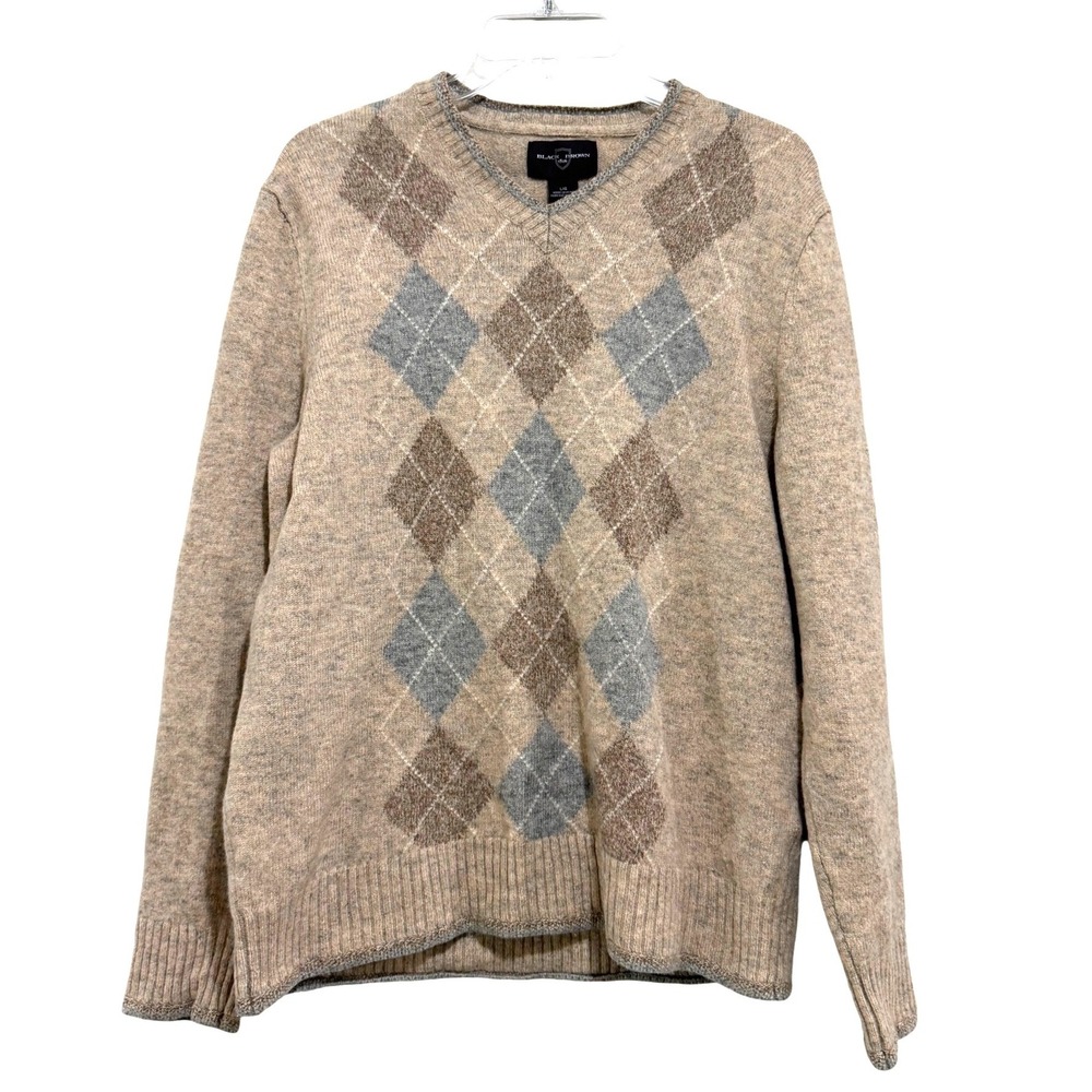Black Brown 1826 Mens Tan Argyle V-Neck Lambswool Blend Sweater Large